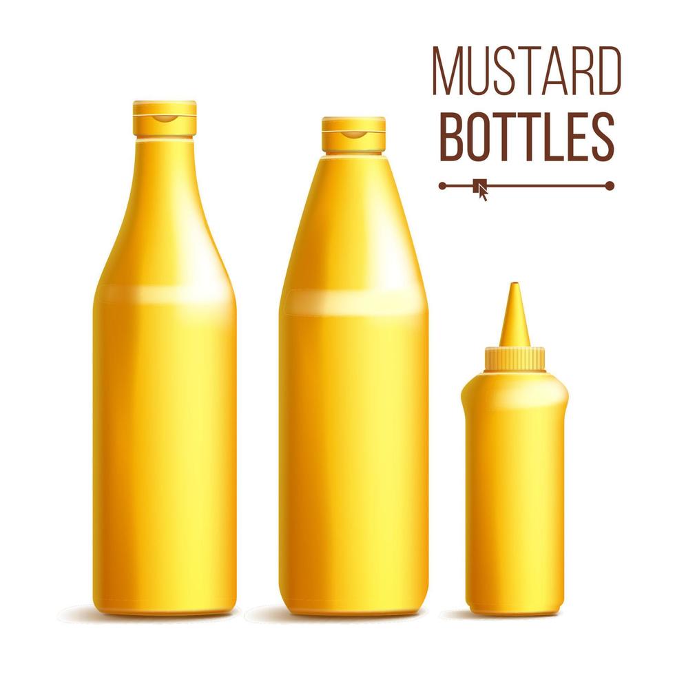 Mustard Bottle Set Vector. 3D Realistic Blank. Plastic Yellow Mustard, Sauce Bottles. Mock Up Good For Branding Design. Isolated On White Background Illustration vector