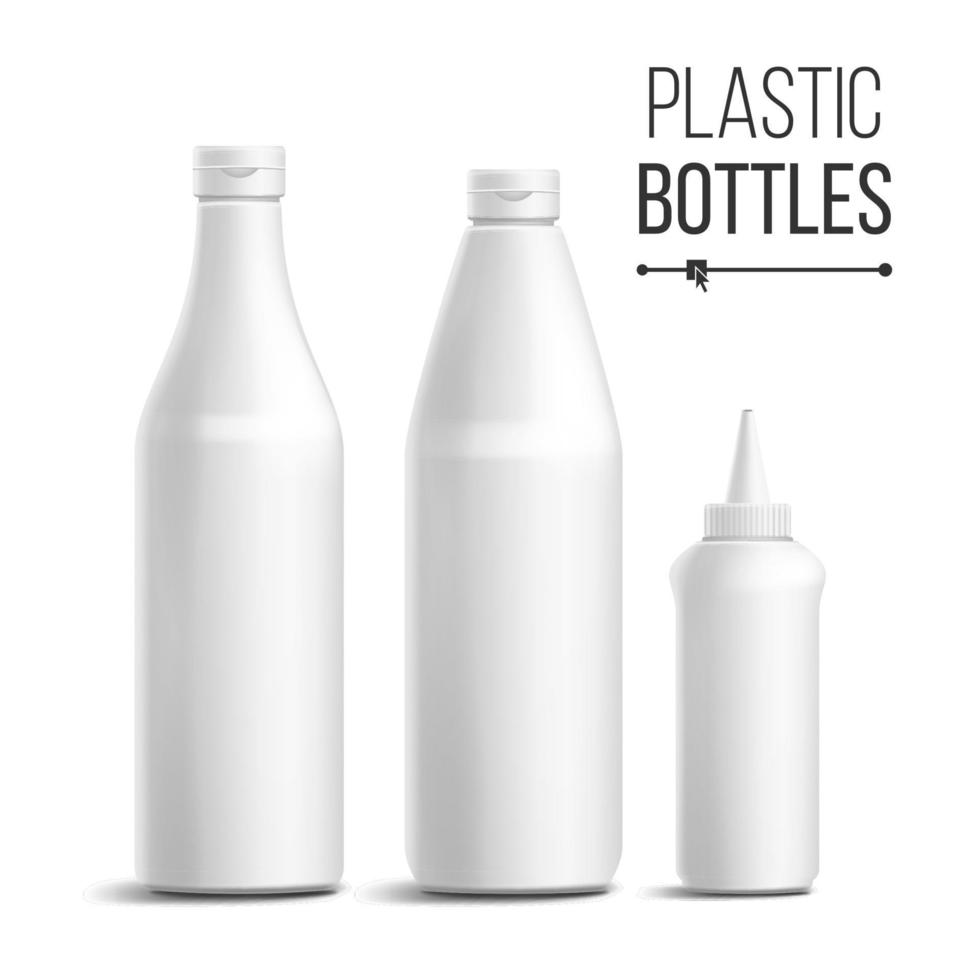 vector de conjunto de botella blanca. 3d realista en blanco. tomate limpio blanco de plástico, salsa, botellas de mayonesa. maqueta buena para el diseño de marca. aislado en la ilustración de fondo blanco