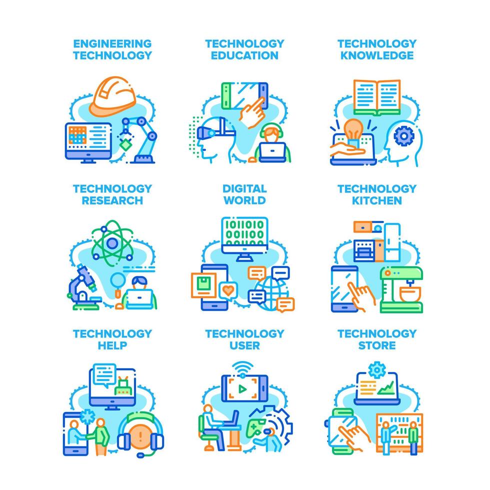 Ilustraciones de vectores de iconos de investigación tecnológica