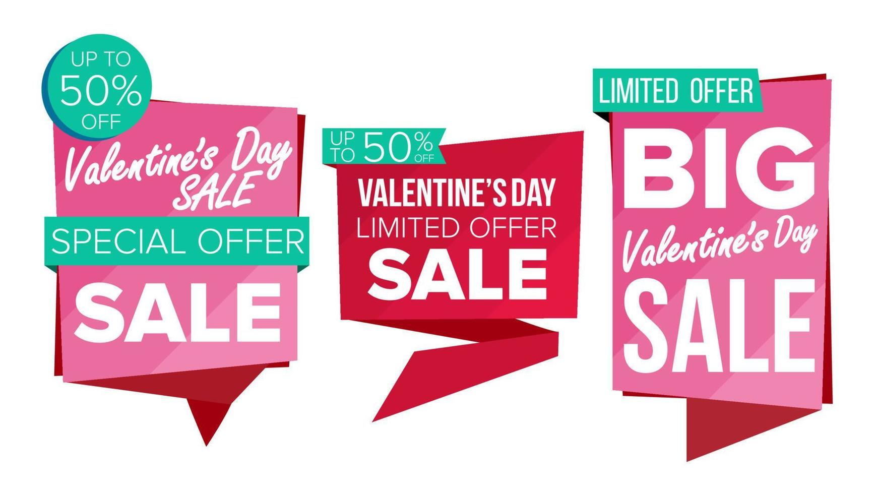 vector de conjunto de banner de venta de día de san valentín. etiqueta de descuento, pancartas de oferta especial de san valentín. 14 de febrero promoción buen trato. descuento y promoción. pegatinas de amor a mitad de precio. ilustración aislada