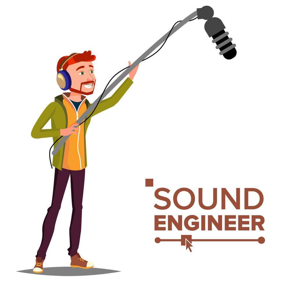 Sound Engineer Man Vector. Audio Recording Process. Recording News, Film. Cinematography. Isolated Cartoon Illustration vector