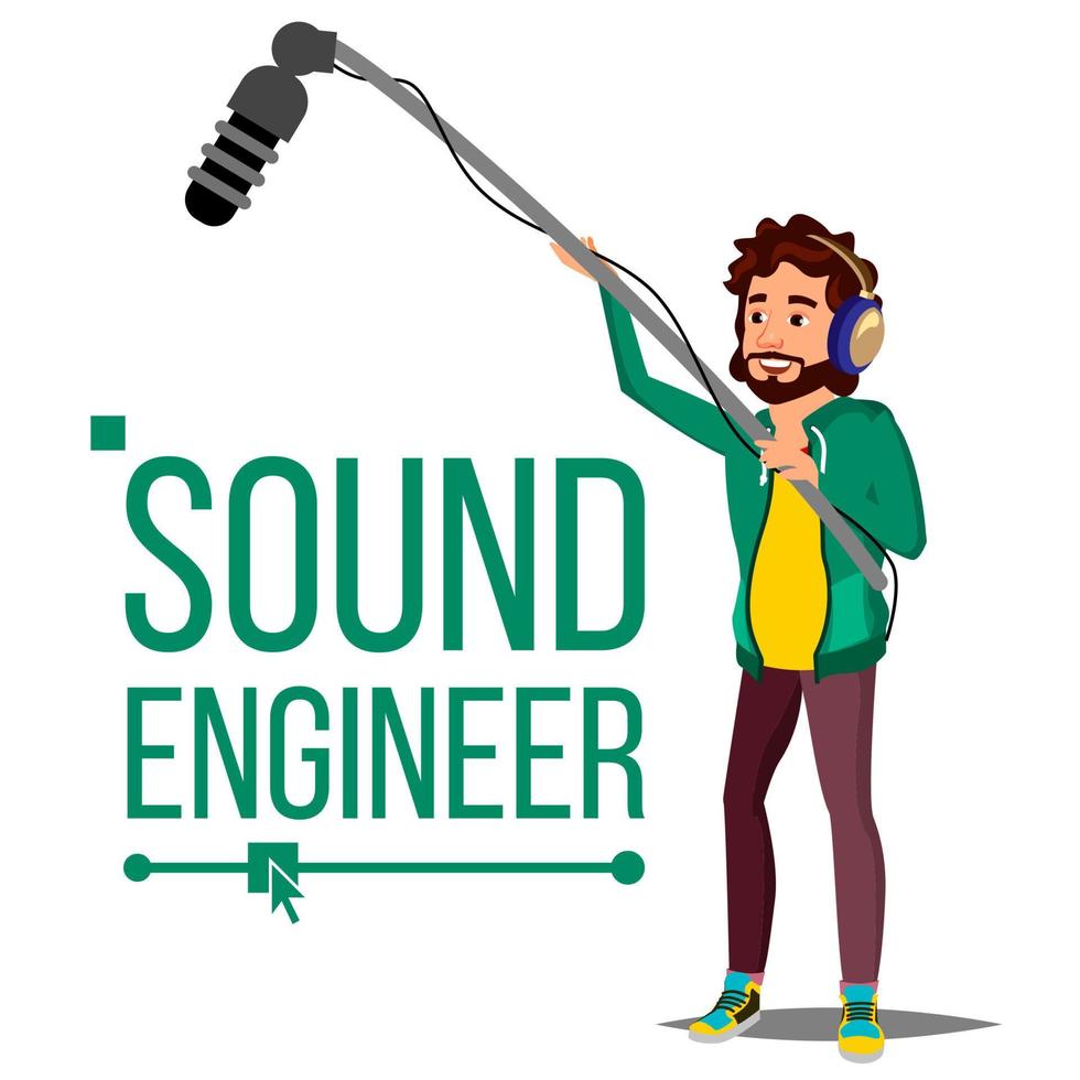 Sound Engineer Man Vector. Audio Recording Process. Journalist. Microphone. Isolated Cartoon Illustration vector