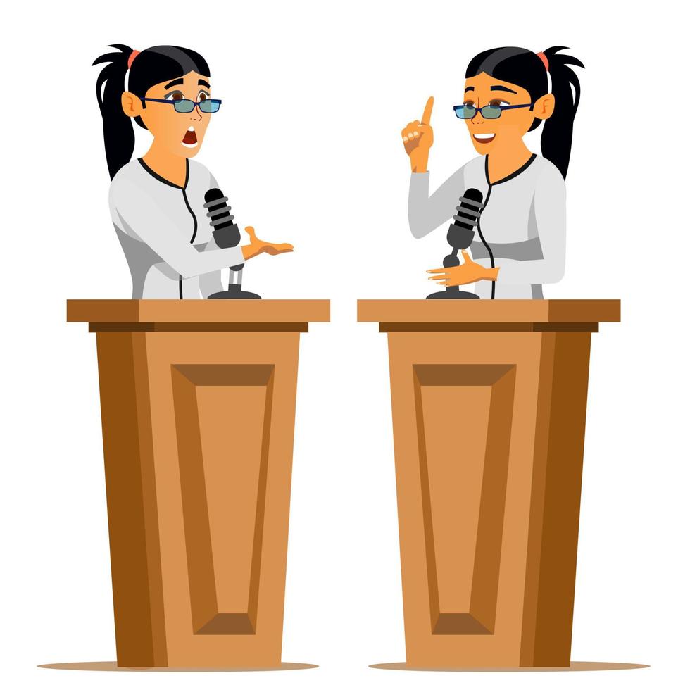 Speaker Woman Vector. Business Woman, Politician Giving Speech. Rostrum. Candidate. Isolated Flat Cartoon Character Illustration vector