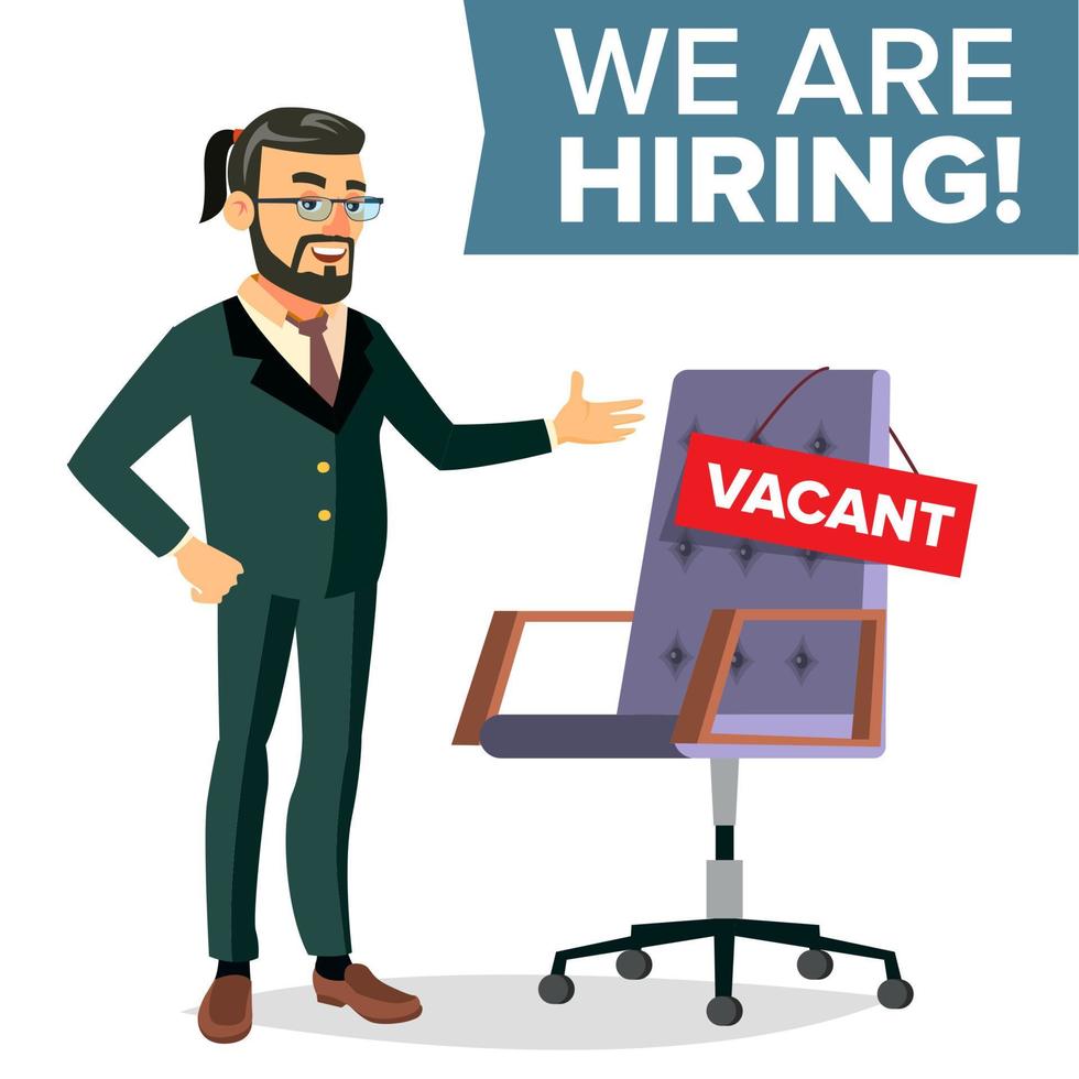 Recruitment Process Vector. Human Resources, Career. Businessman Choice Of Employee. Office Chair, Workplace. Vacancy Announcement. Commercial Recruiting, Hiring, HR. Isolated Illustration vector
