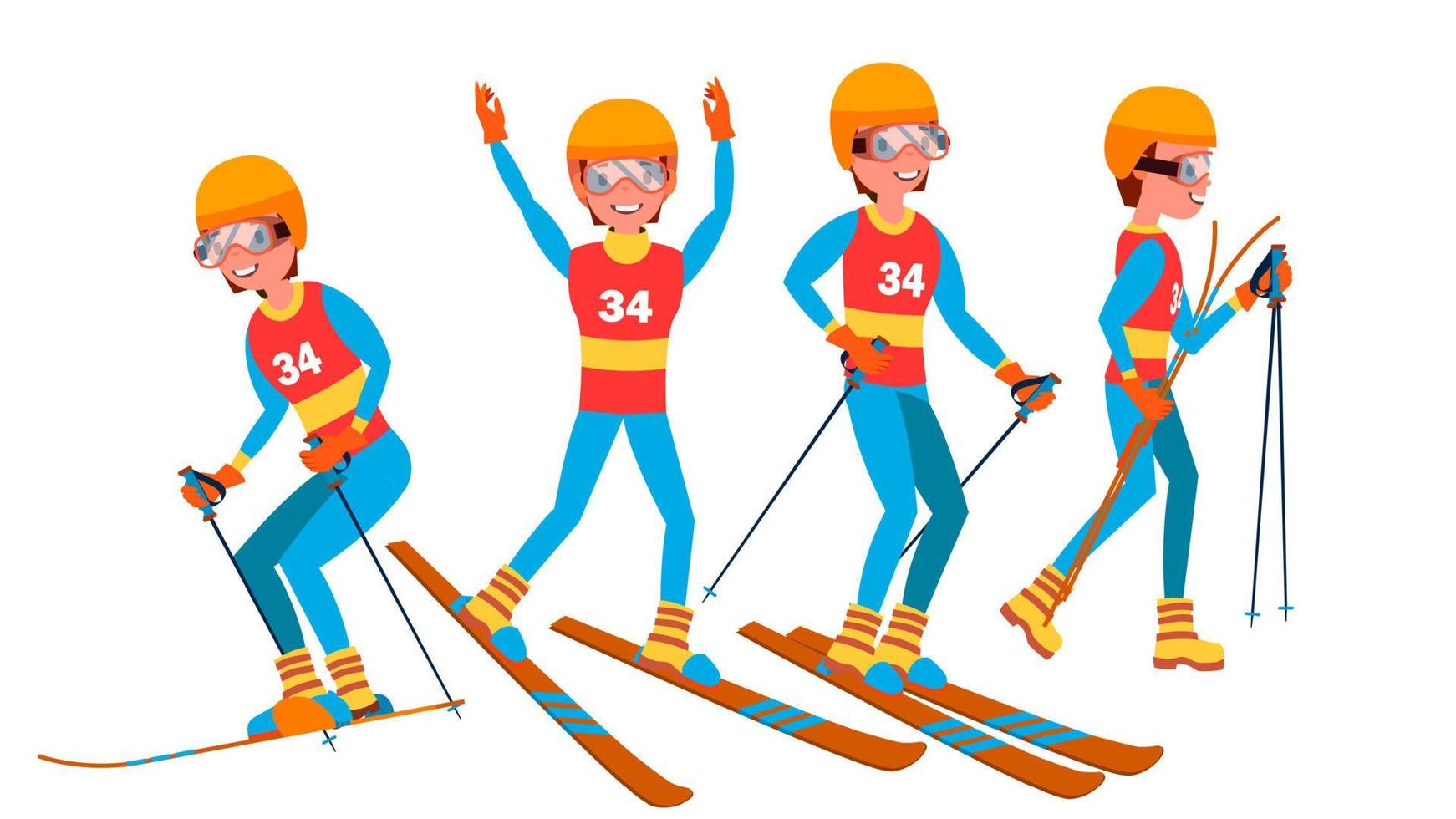 Skiing Male Player Vector. Slope Competition. Recreation Lifestyle. In Action. Cartoon Character Illustration vector