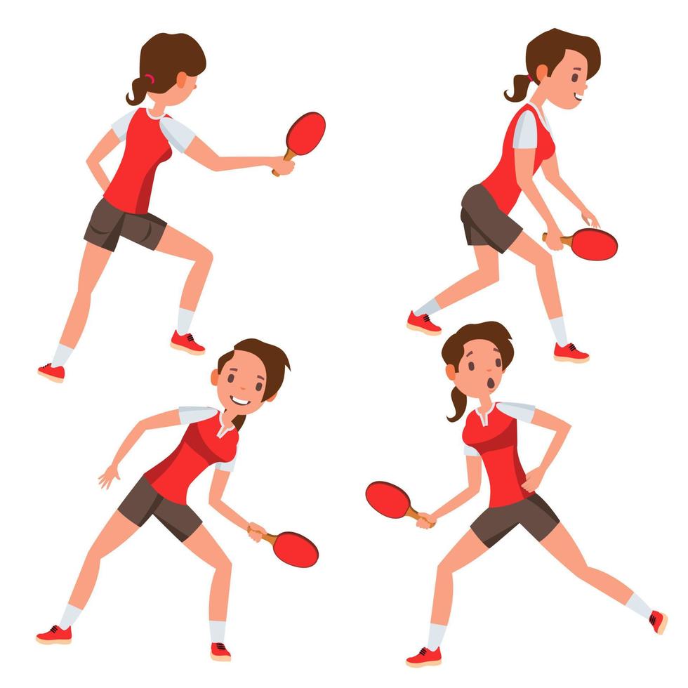 Table Tennis Female Player Vector. Game Match. Silhouettes. Playing In Different Poses. Woman. Athlete Isolated On White Cartoon Character Illustration vector