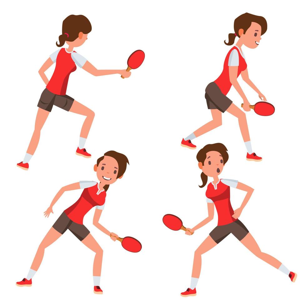 vector de jugadora de tenis de mesa. partido de juego siluetas jugando en diferentes poses. mujer. atleta aislado en la ilustración de personaje de dibujos animados blanco