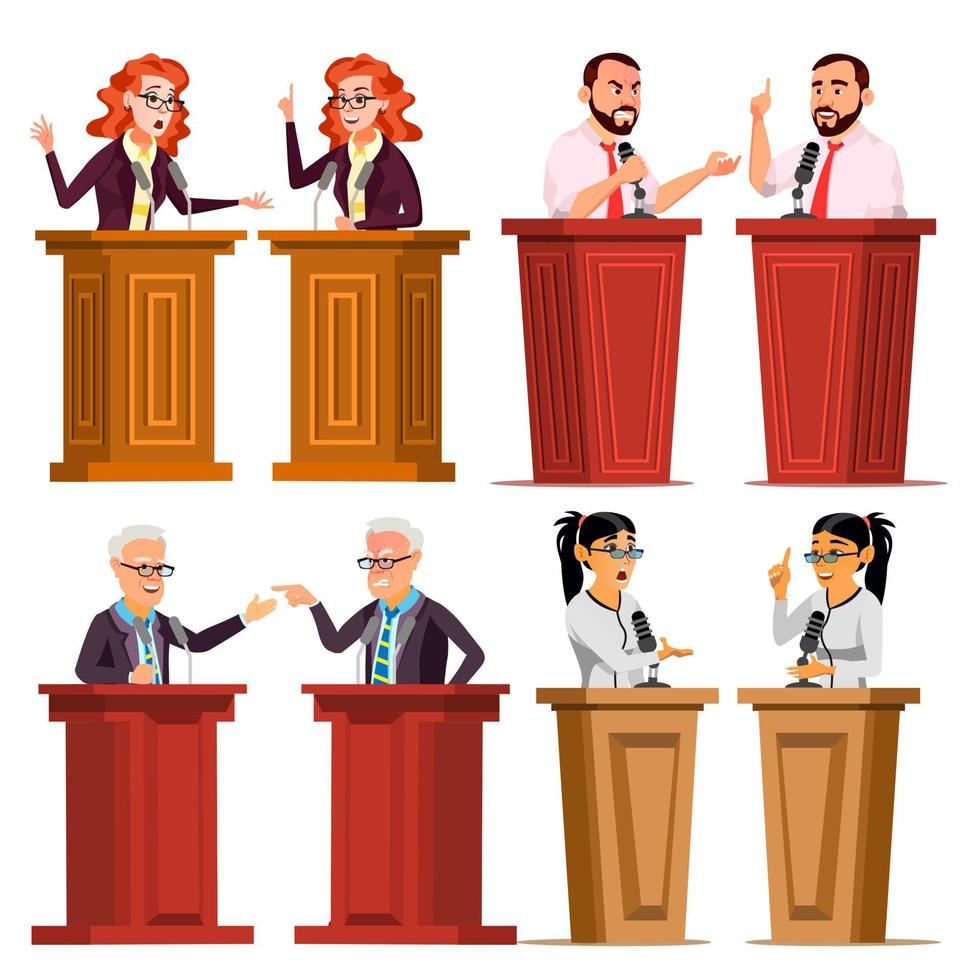 Speaker Set Vector. Man, Woman Giving Public Speech. Businessman, Politician. Debates. Presentation. Isolated Flat Cartoon Character Illustration vector