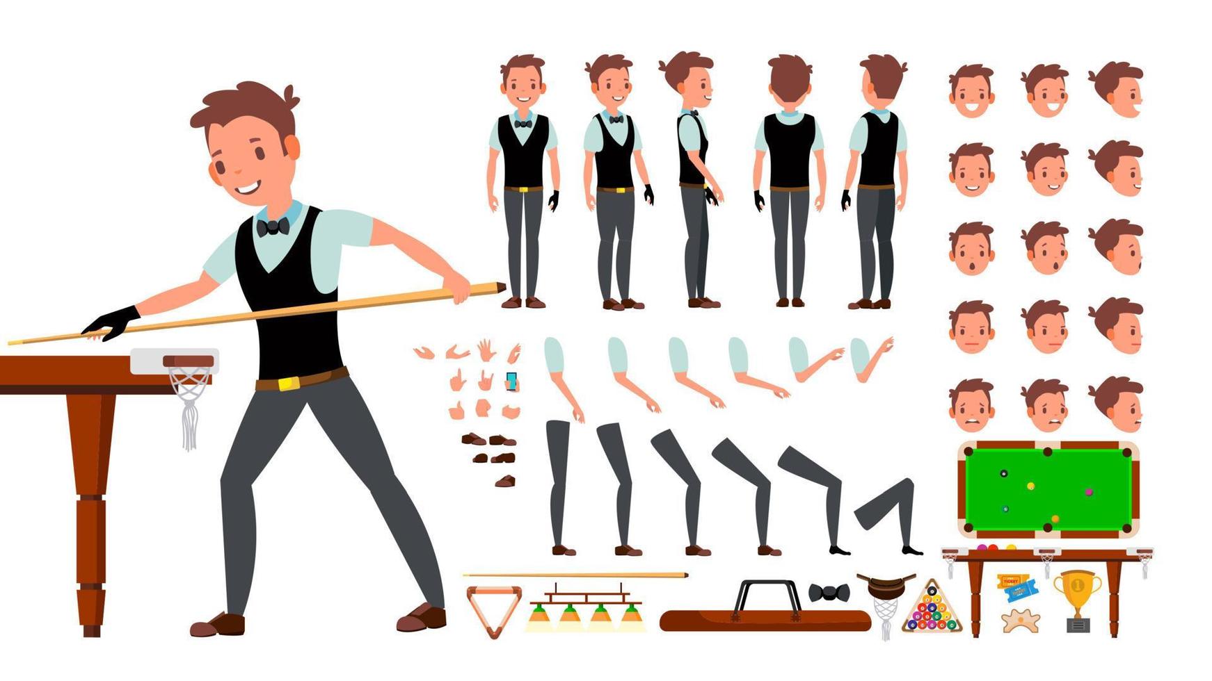 Snooker Player Male Vector. Animated Character Creation Set. Billiard. Man Full Length, Front, Side, Back View, Accessories, Poses, Face Emotions, Gestures. Isolated Flat Cartoon Illustration vector