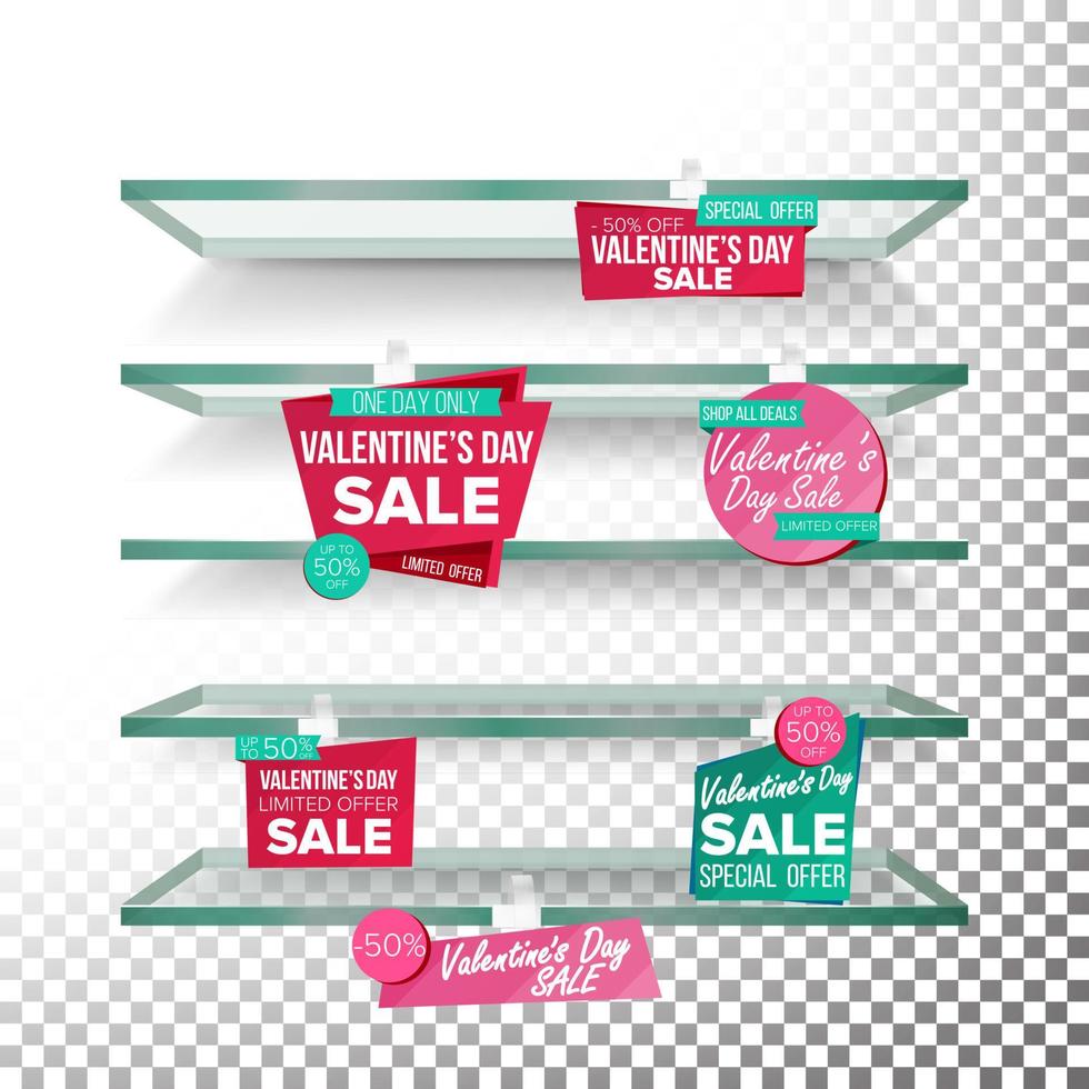 Empty Supermarket Shelves, Valentine s Day Sale Wobblers Vector. Price Tag Labels. Big Sale Banner. February 14 Selling Card. Discount Sticker. Love Sale Banners. Isolated Illustration vector