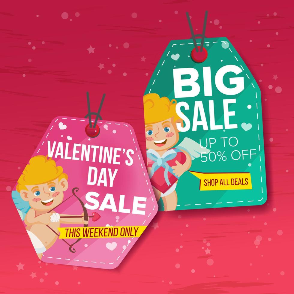 Valentine s Day Theme Sale Tags Vector. Flat Paper Hanging Love Stickers. Cupid. February 14 Discount Hanging Banners For Holiday Discount Promotion. Winter Illustration vector