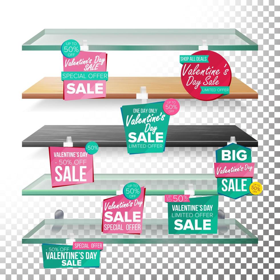 Empty Shelves, Valentine s Day Sale Advertising Wobblers Vector. Retail Concept. Big Sale Banner. February 14 Discount Sticker. Love Sale Banners. Isolated Illustration vector