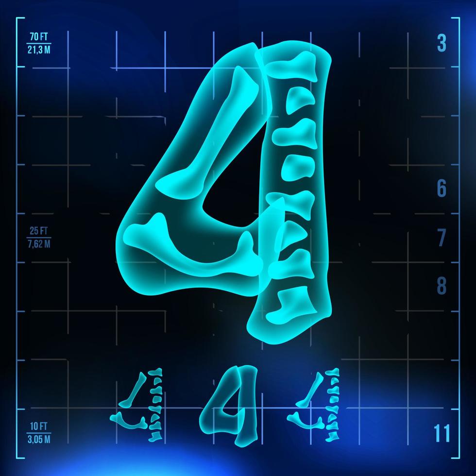 4 Number Vector. Four Roentgen X-ray Font Light Sign. Medical Radiology Neon Scan Effect. Alphabet. 3D Blue Light Digit With Bone. Medical, Hospital, Pirate, Futuristic Style. Illustration vector