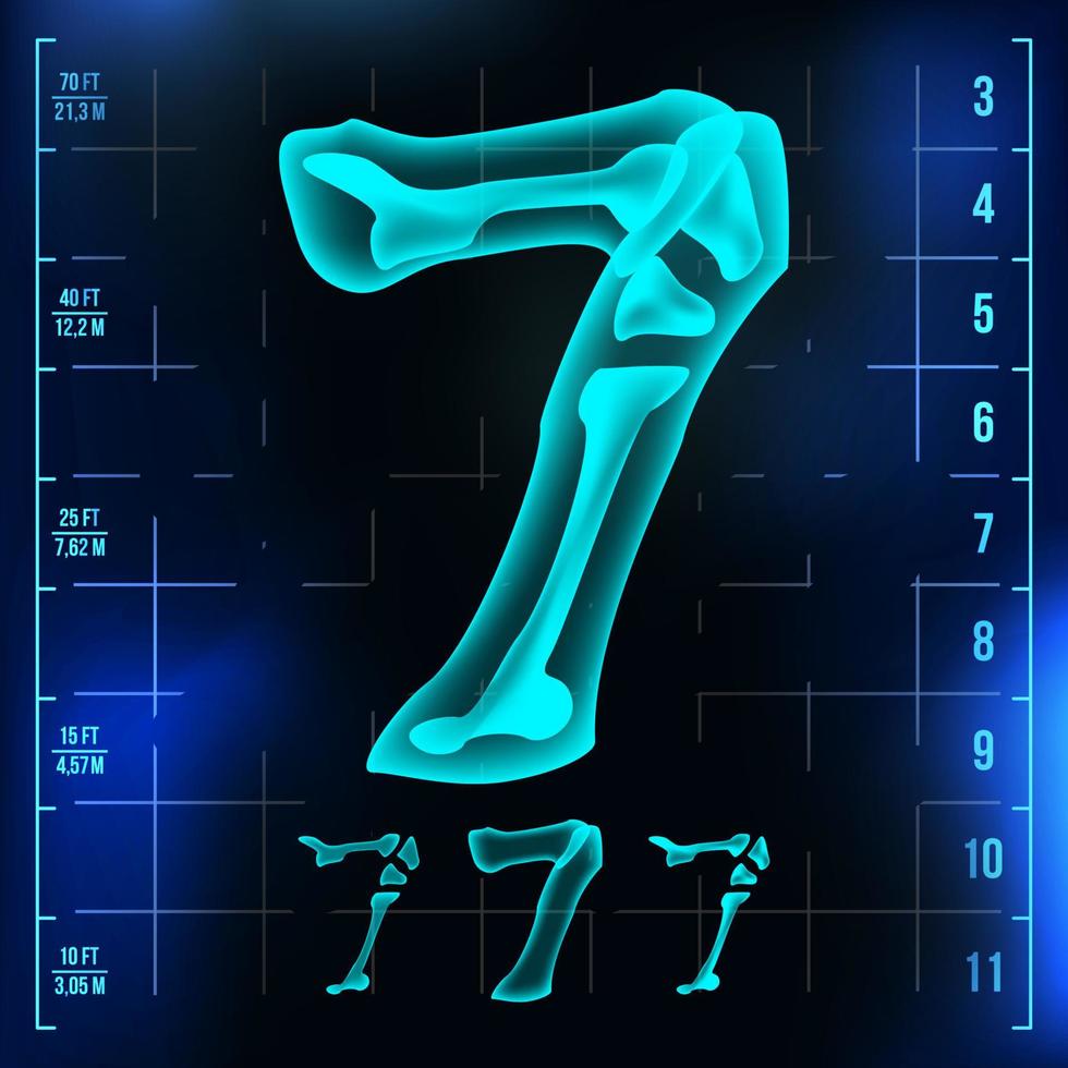7 Number Vector. Seven Roentgen X-ray Font Light Sign. Medical Radiology Neon Scan Effect. Alphabet. 3D Blue Light Digit With Bone. Medical, Hospital, Pirate, Futuristic Style. Illustration vector