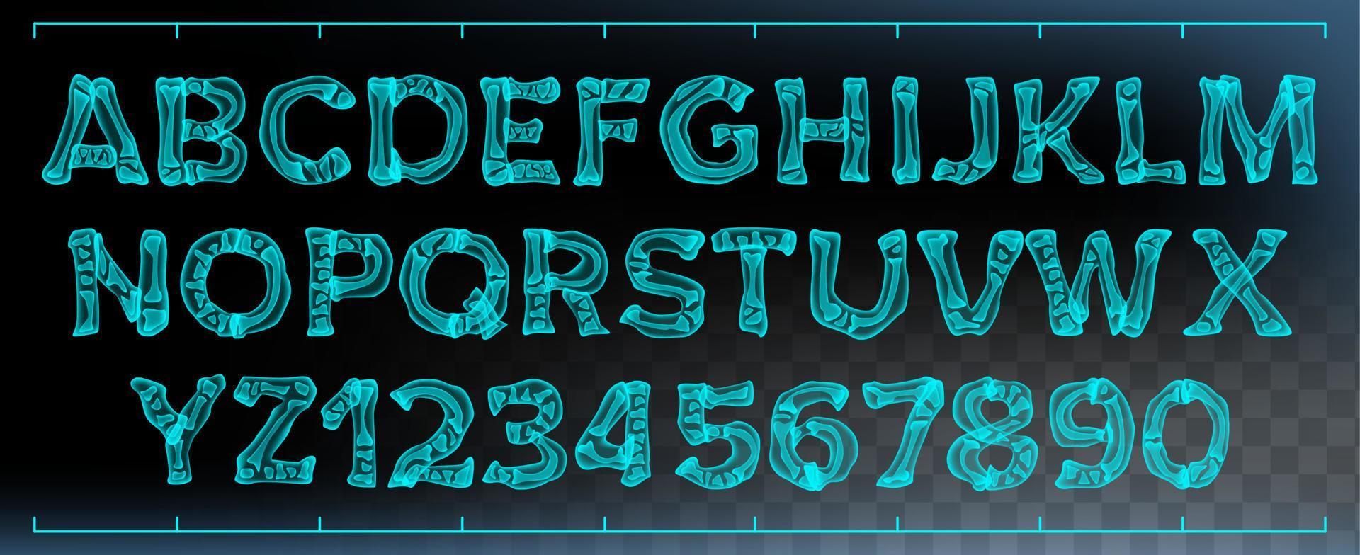 X-ray Font Vector. Transparent Roentgen Decorative Alphabet. Radiology Neon Scan Effect. Blue Bone. Futuristic Medical Light Typography. Capitals Letters And Numbers. Isolated Typeset Illustration vector