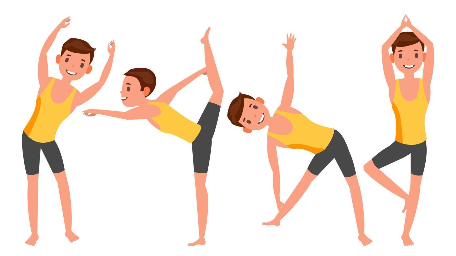 Yoga Man Poses Set Vector. Girl. Yoga Poses. Doing Yoga Workout. Flat Cartoon Illustration vector