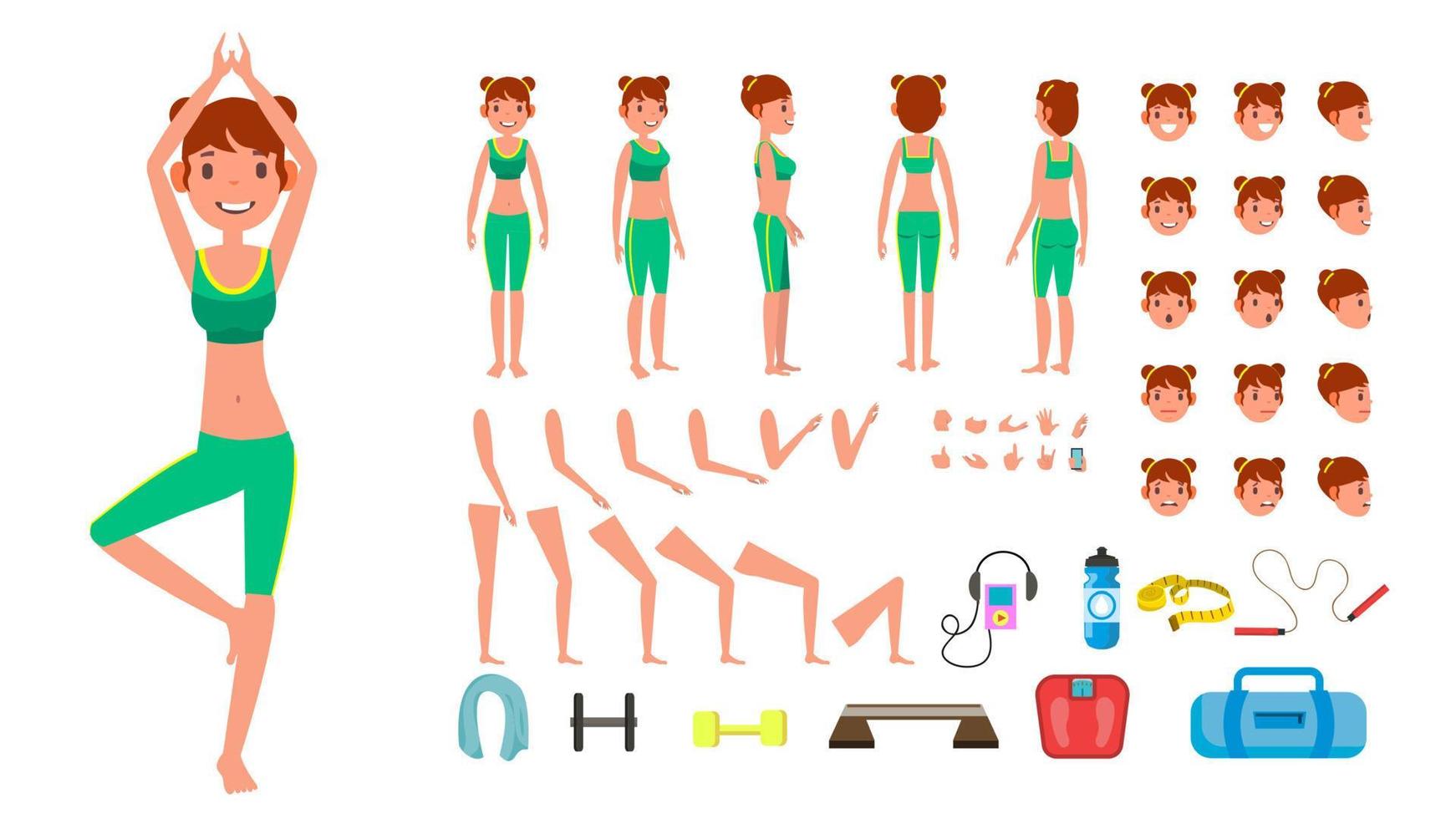 vector de mujer de yoga. conjunto de creación de personajes animados de yoga prenatal. mujer de cuerpo entero, frontal, lateral, vista trasera, accesorios, poses, emociones faciales, gestos. ilustración de dibujos animados plana aislada