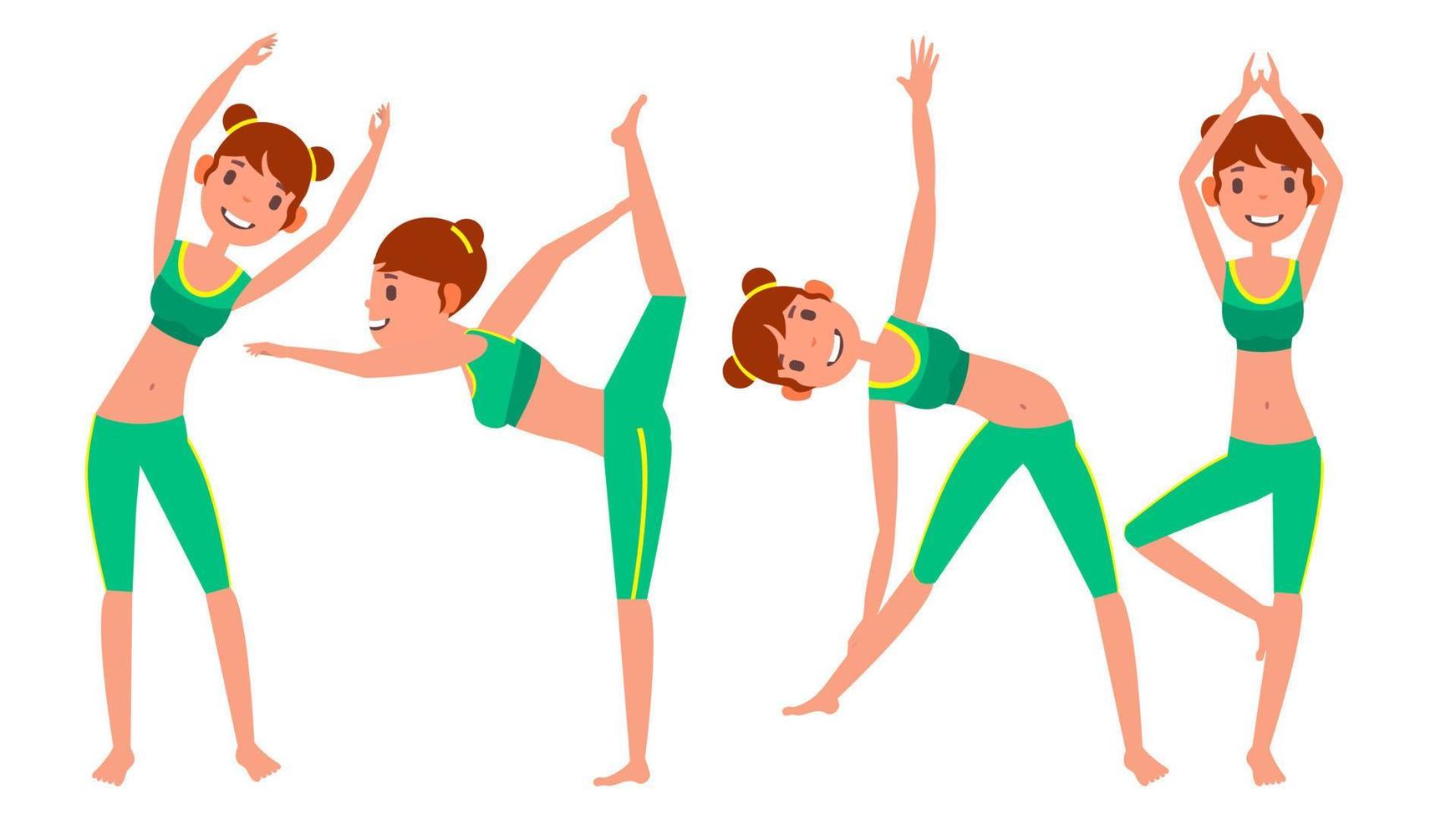 la mujer de yoga plantea un vector establecido. chica. posturas de yoga haciendo ejercicios de yoga. ilustración de dibujos animados plana