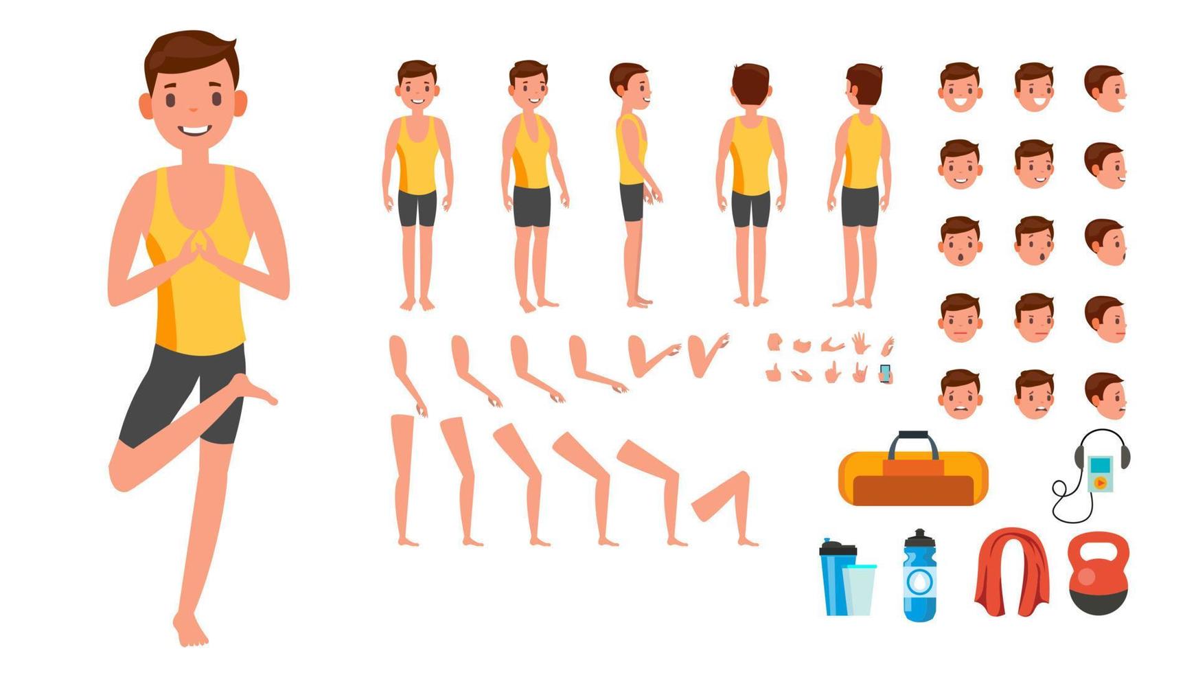 Yoga Man Vector. Prenatal Yoga Animated Character Creation Set. Man Full Length, Front, Side, Back View, Accessories, Poses, Face Emotions, Gestures. Isolated Flat Cartoon Illustration vector