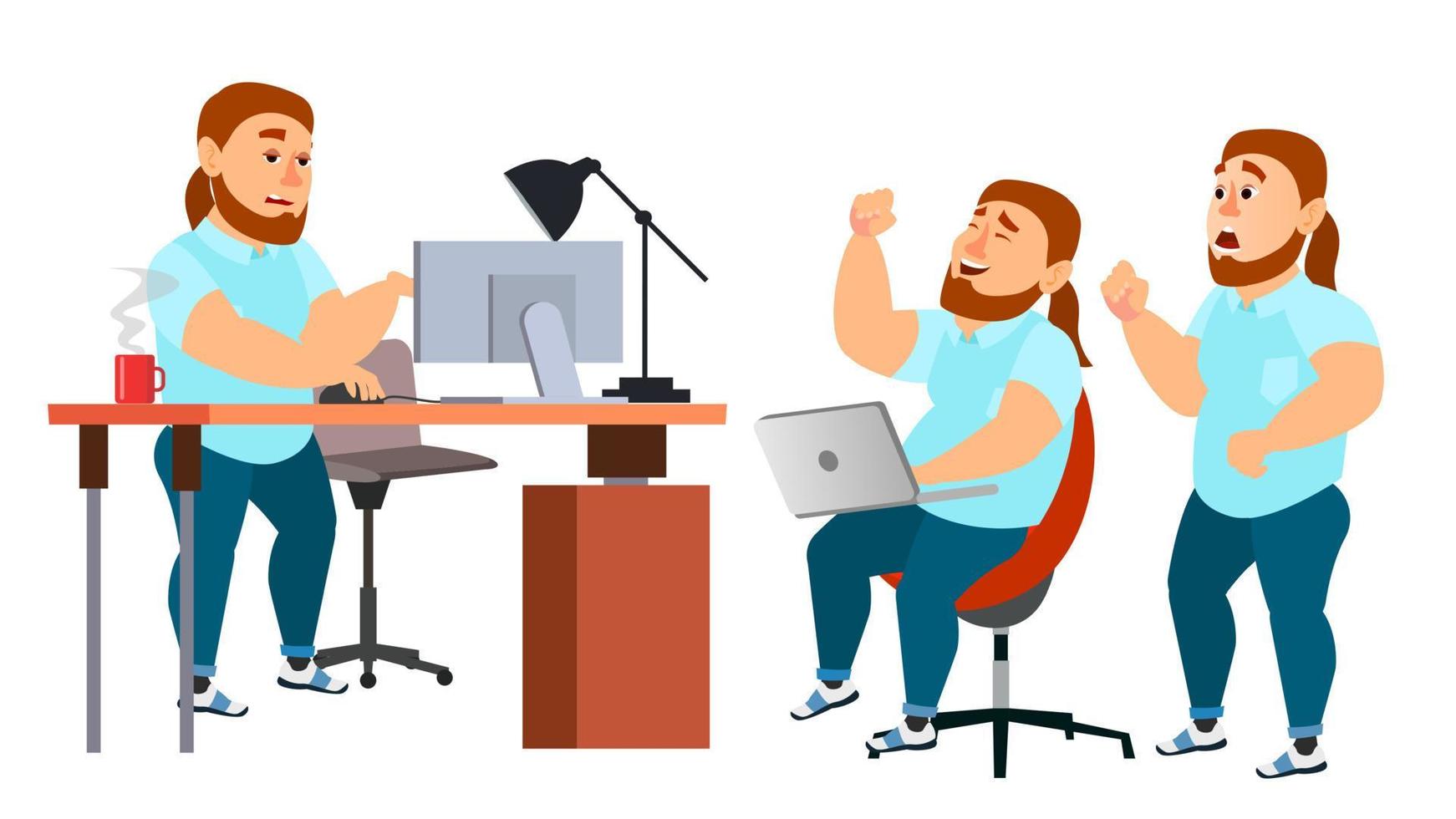 Business Man Character Vector. Working Boy, Man. Team Room. Brainstorming. Environment Process In Start Up Office. Programmer, Designer. Isolated On White Cartoon Business Character Illustration vector