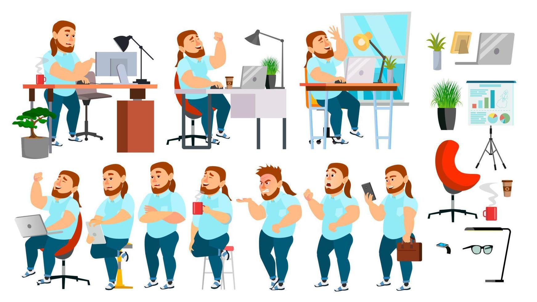 vector de caracteres de hombre de negocios. conjunto de personas trabajadoras. oficina, estudio creativo. gordo, barbudo. situación empresarial. programador, diseñador, gerente. diferentes poses, emociones. ilustración de personaje de dibujos animados