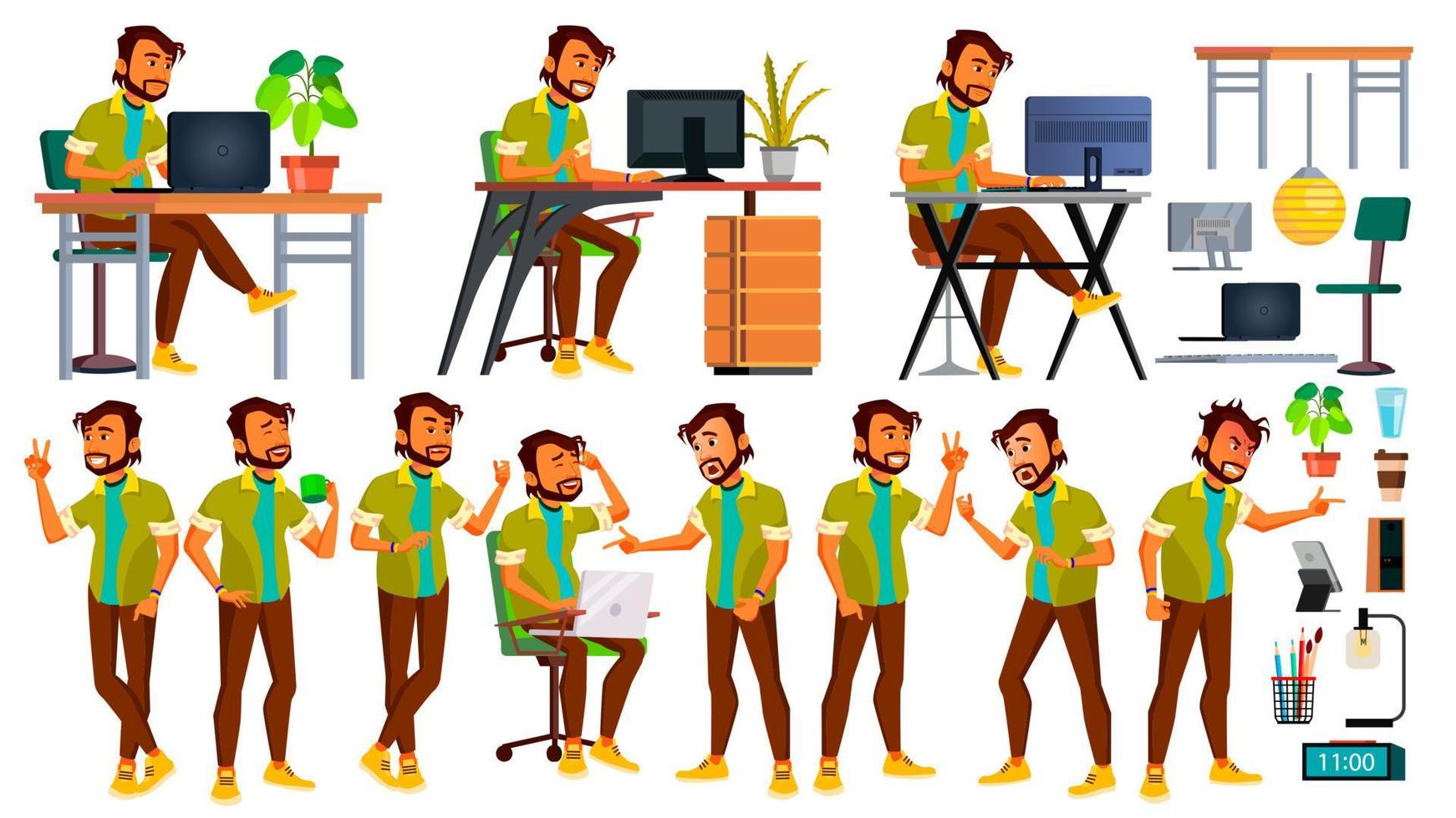 Office Worker Vector. Indian Emotions, Various Gestures. Business Human. Smiling Manager, Servant, Workman, Officer. Poses. Flat Character Illustration vector