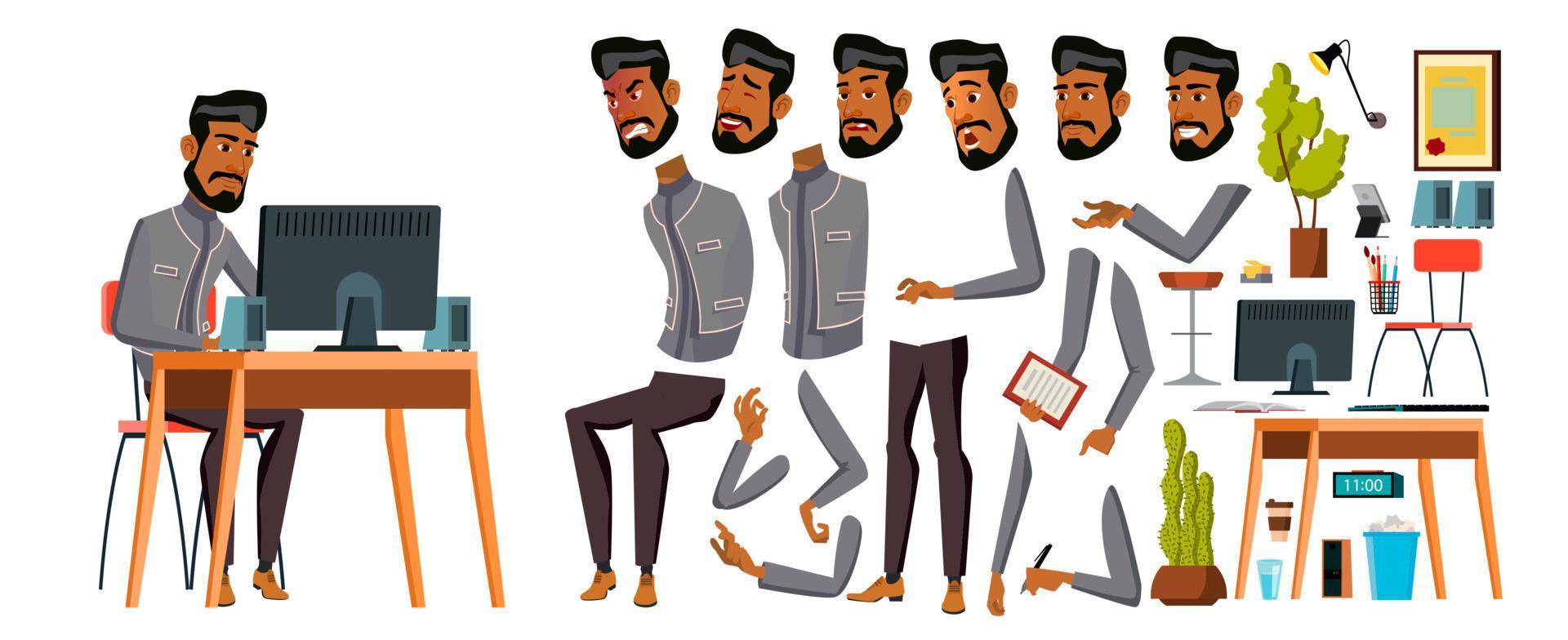 Arab Man Office Worker Vector. Animation Creation Set. Generator. Emotions, Animated Elements. Gestures. Business Human. Muslim In Traditional Clothes. Saudi, Emirates, Qatar, Uae. Illustration vector