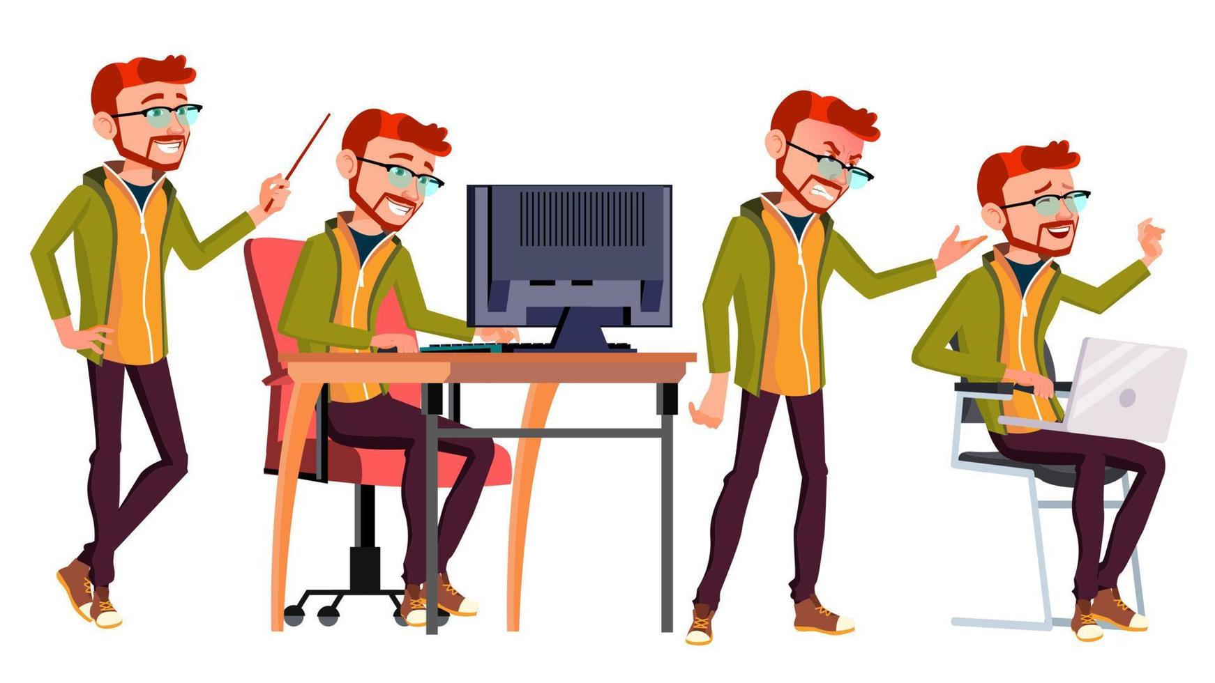 Office Worker Vector. Face Emotions, Various Gestures. Red Head, Ginger. Business Human. Smiling Manager, Servant, Workman, Officer. Flat Character Illustration vector