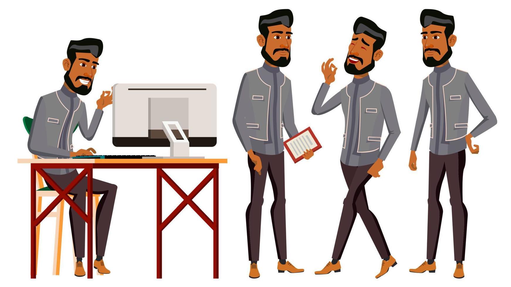 Arab Man Office Worker Vector. Business Set. Traditional Clothes. Arab, Muslim. Emotions, Gestures. Businessman Person. Arabic Front, Side View. Smiling Executive, Workman, Officer. Illustration vector