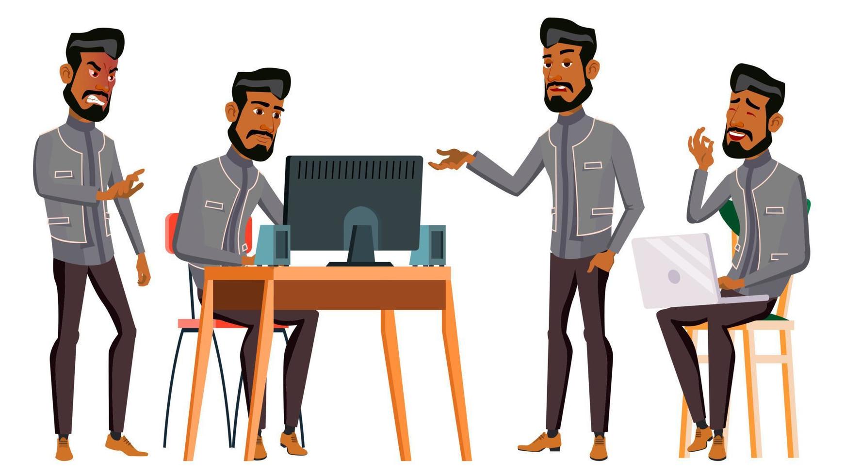 Arab Man Office Worker Vector. Business Set. Islamic. Facial Emotions, Gestures. Animated Elements. Arabic Corporate Businessman Male. Successful Officer, Clerk, Servant. Illustration vector