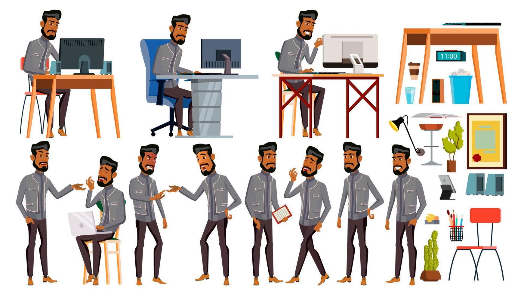 Arab Man Office Worker Vector. Business Set. Face Emotions, Various Gestures. Animated Elements. Scene. Arabic Business Worker. Career. Professional Workman, Officer, Clerk. Illustration vector