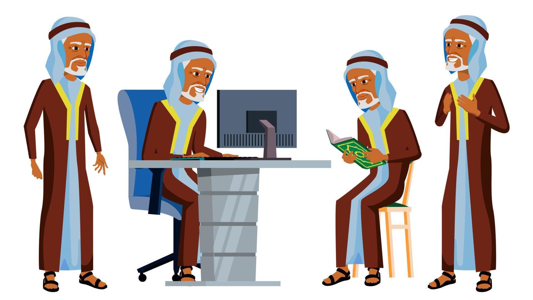 Arab Man Office Worker Vector. Ghutra. Old. Saudi, Emirates. Arabic Face Emotions, Various Gestures. Scene. Business Worker. Front, Side View. Career. Professional Workman, Officer Clerk. Illustration vector