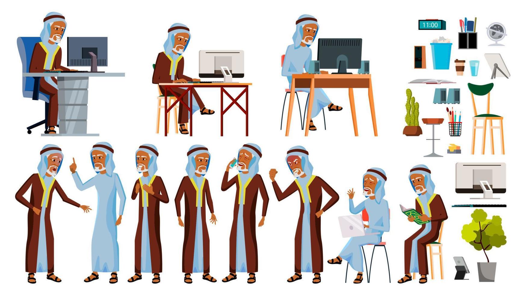 Arab Man Set Office Worker Vector. Set. Arabic, Muslim. Old. Emirates, Qatar, Uae. Face Emotions, Various Gestures. Animated Elements. Office. Businessman Human. Modern Cabinet Employee. Illustration vector