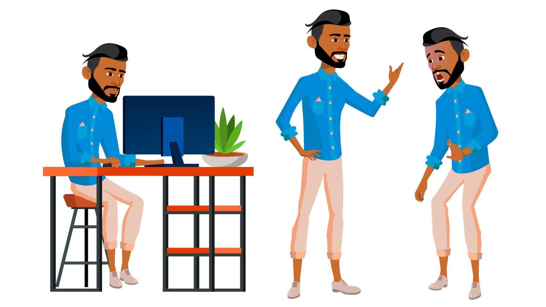 Arab Man Office Worker Vector. Business Set. Arabic, Saudi, Emirates, Qatar, Uae. Thawb, Thobe. Face Emotions, Various Gestures. Scene. Business Worker. Career. Professional Clerk. Illustration vector