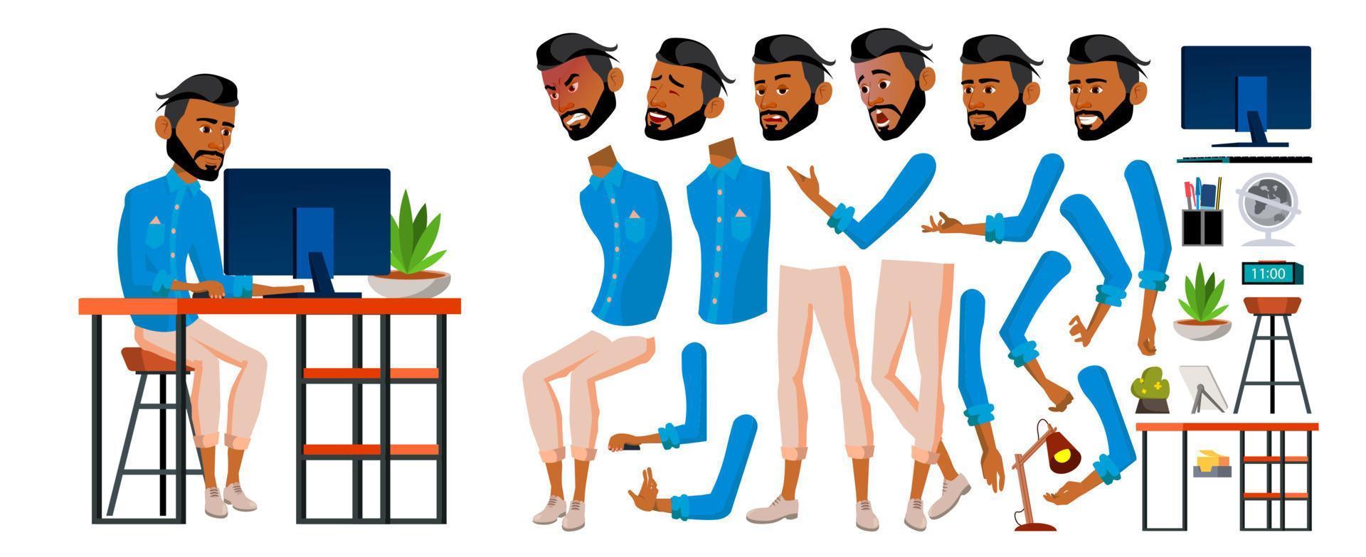 Arab Man Office Worker Vector. Business Animation Creation Set. Face Emotions, Gestures. Adult Entrepreneur Business Man. Traditional Clothes. Saudi. Arabic, Muslim. Isolated Flat Illustration vector