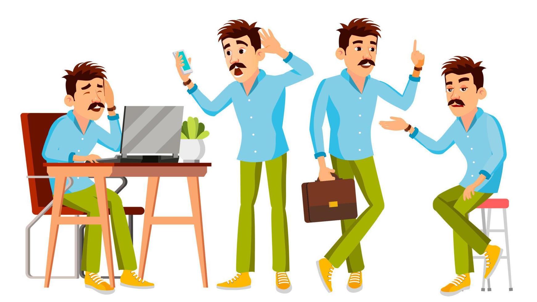 Business Man Character Vector. Working Man. Environment Process Creative Studio. Male Worker. Full Length. Designer, Manager. Poses, Face Emotions, Gestures. Cartoon Business Illustration vector