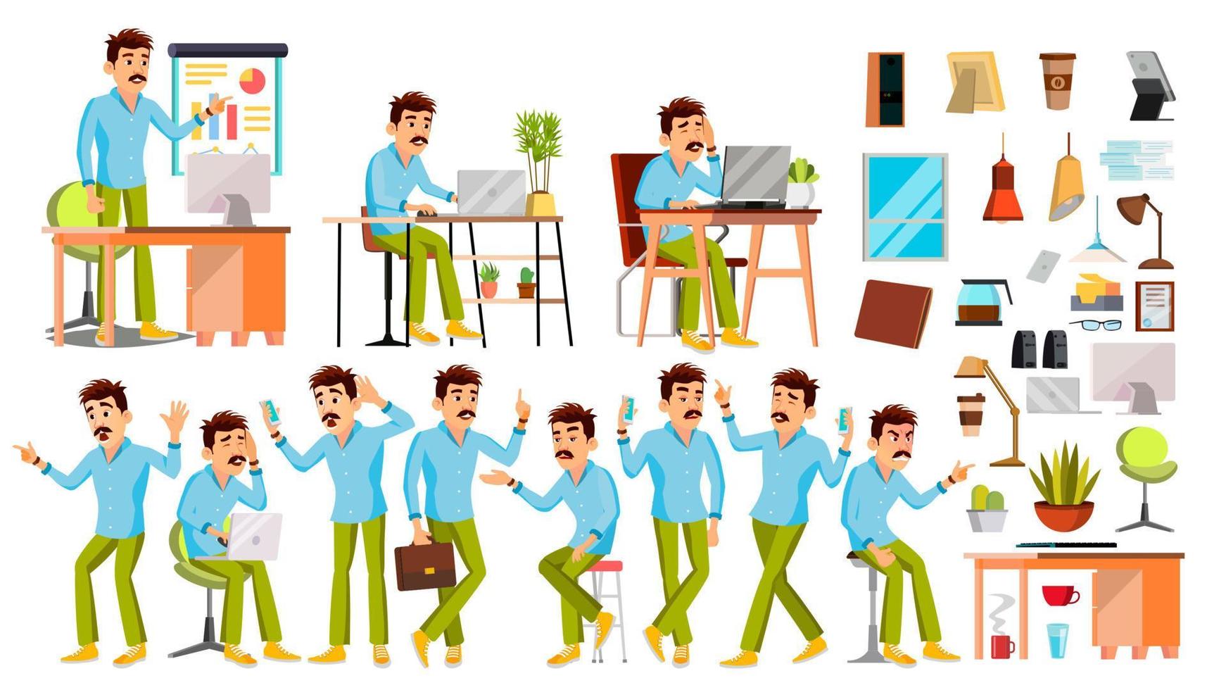 vector de caracteres de hombre de negocios. conjunto de personas trabajadoras. oficina, estudio creativo. trabajador. longitud total. programador, diseñador, gerente. poses, enfrentar emociones. ilustración de personaje de negocios de dibujos animados