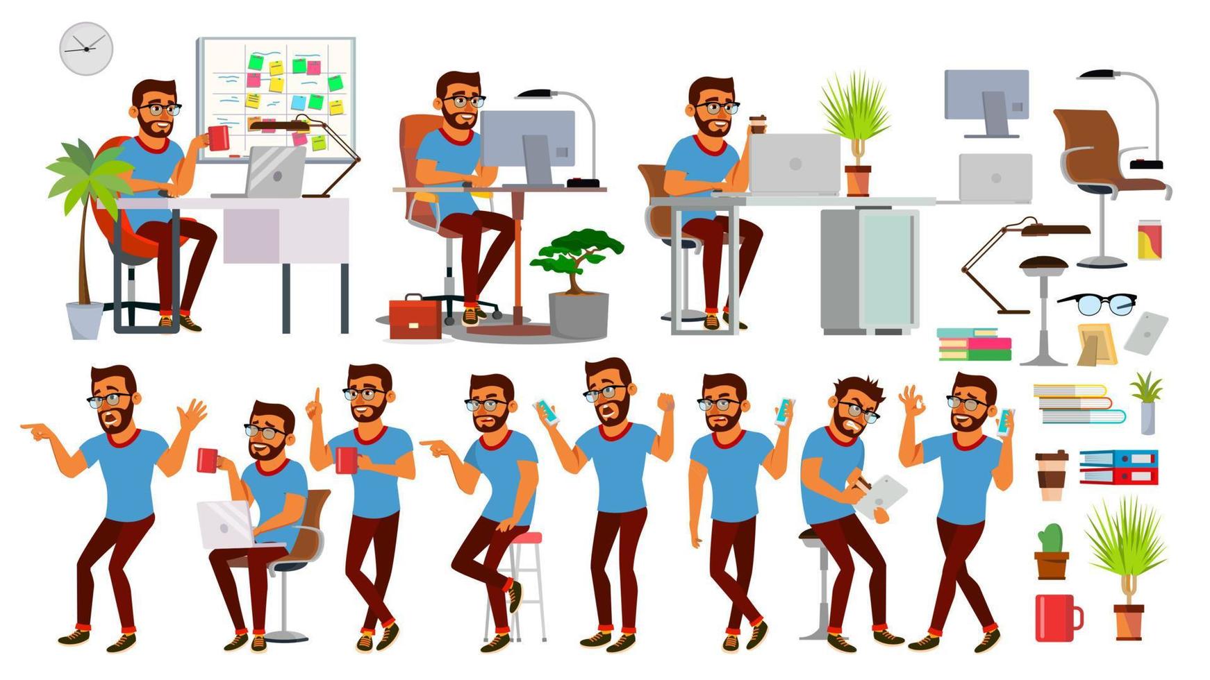 vector de caracteres de hombre de negocios. conjunto de personas hindúes que trabajan. oficina, estudio creativo. barbado. situación empresarial. desarrollo de software. programador. poses, emociones. ilustración de personaje de dibujos animados