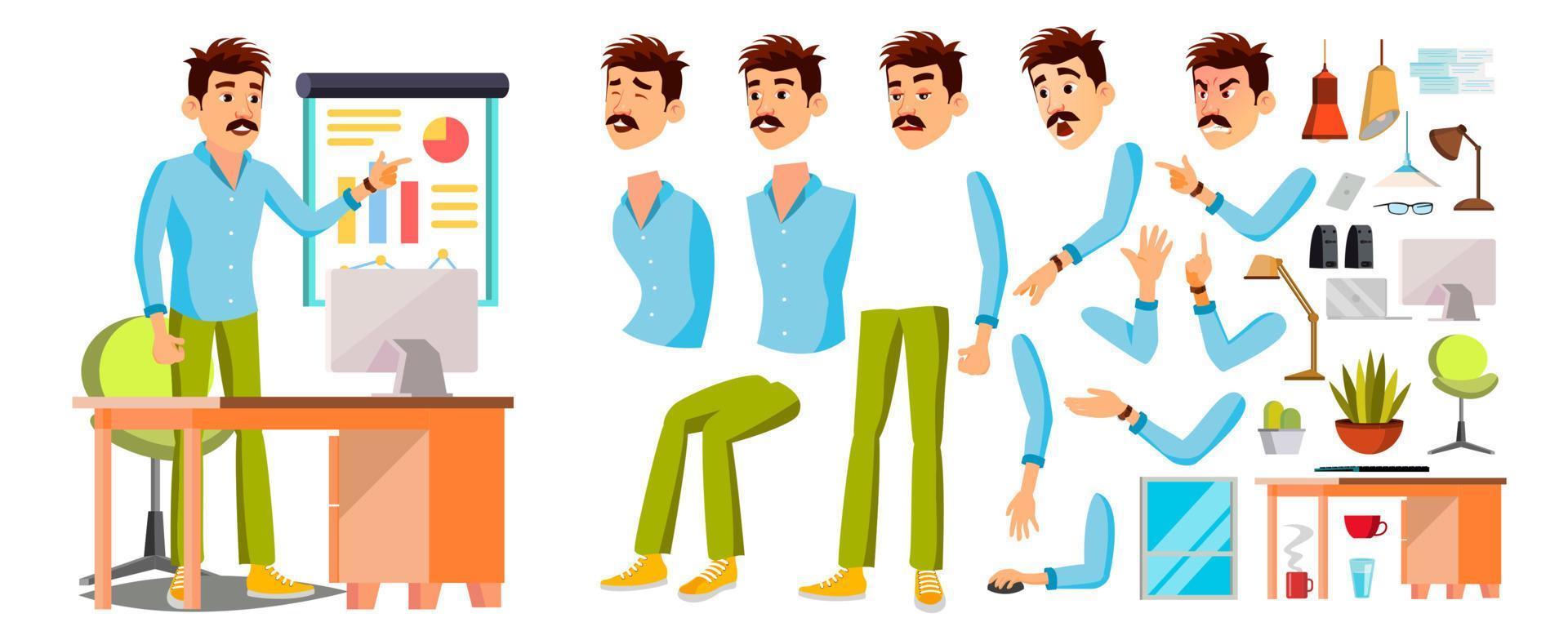 Business Man Worker Character Vector. Working Male. Office Worker. Animation Set. Clerk, Salesman, Designer. Face Emotions, Expressions. Cartoon Illustration vector
