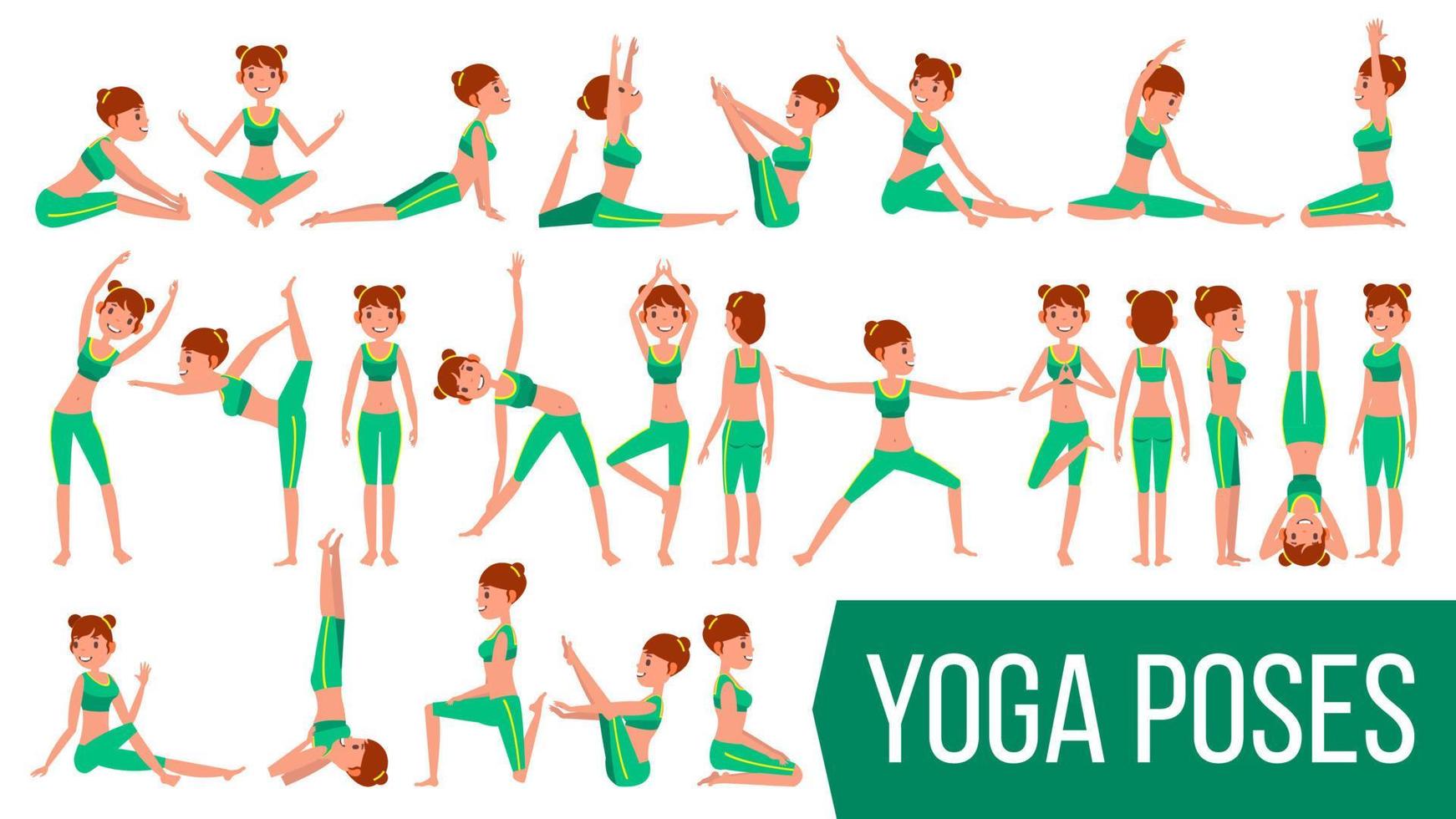 Yoga Woman Poses Set Vector. Relaxation And Meditation. Stretching And Twisting. Practicing. Body In Different Poses. Cartoon Character Illustration vector