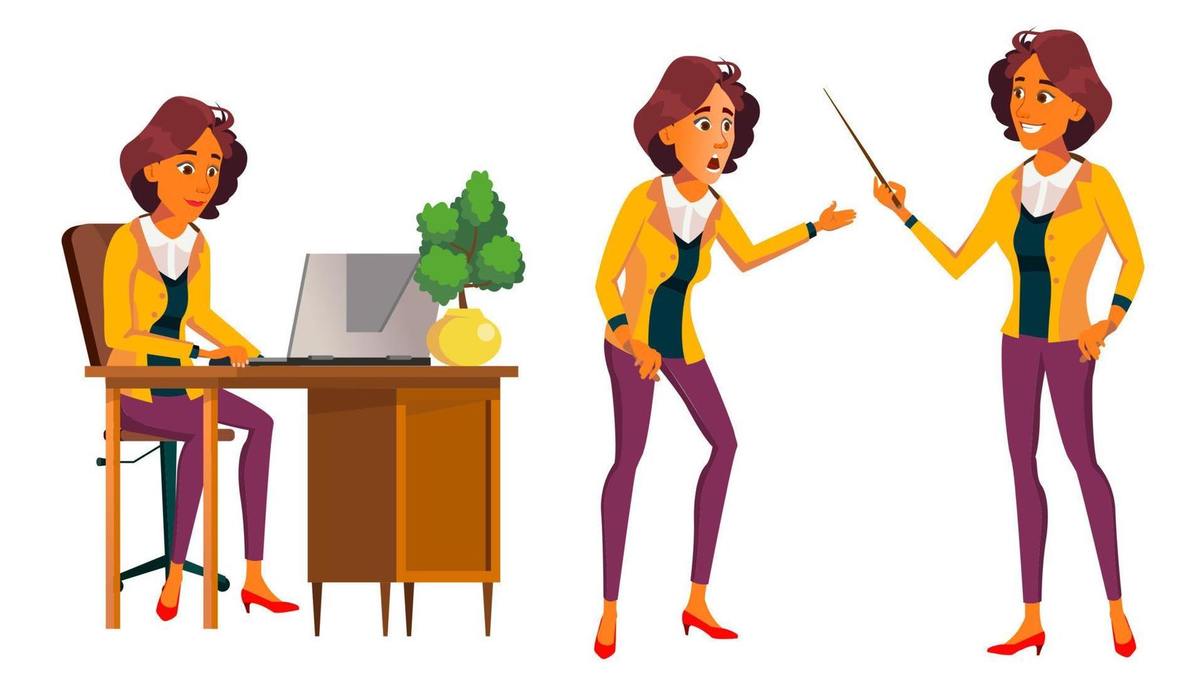 Office Worker Vector. Woman. Modern Employee, Laborer. Front, Side View. Business Woman. Situations. Emotions, Gestures. Flat Cartoon Illustration vector