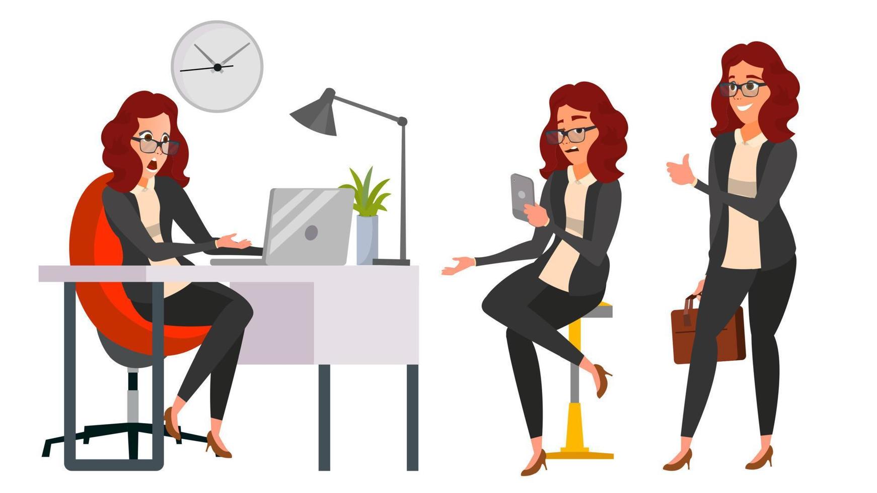 Business Woman Character Vector. Working Girl. Environment Process Creative Studio. Work Situations In Action. Girl Boss. Programming, Planning. Designer, Manager. Poses. Business Illustration vector