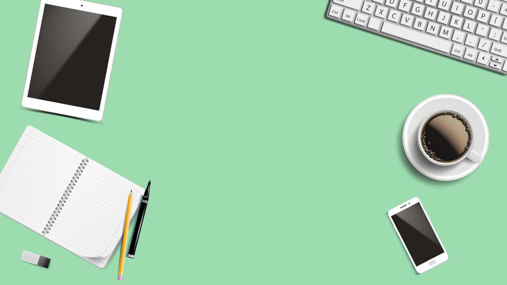 Top View Office Workplace Background Vector. Creative Desk Design. Place For Text. Realistic Mock Up Illustration vector