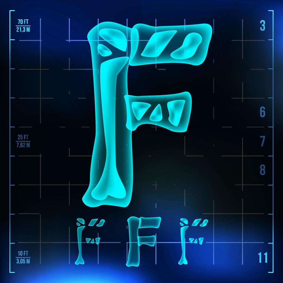 F Letter Vector. Capital Digit. Roentgen X-ray Font Light Sign. Medical Radiology Neon Scan Effect. Alphabet. 3D Blue Light Digit With Bone. Medical, Pirate, Futuristic, Horror Style. Illustration vector