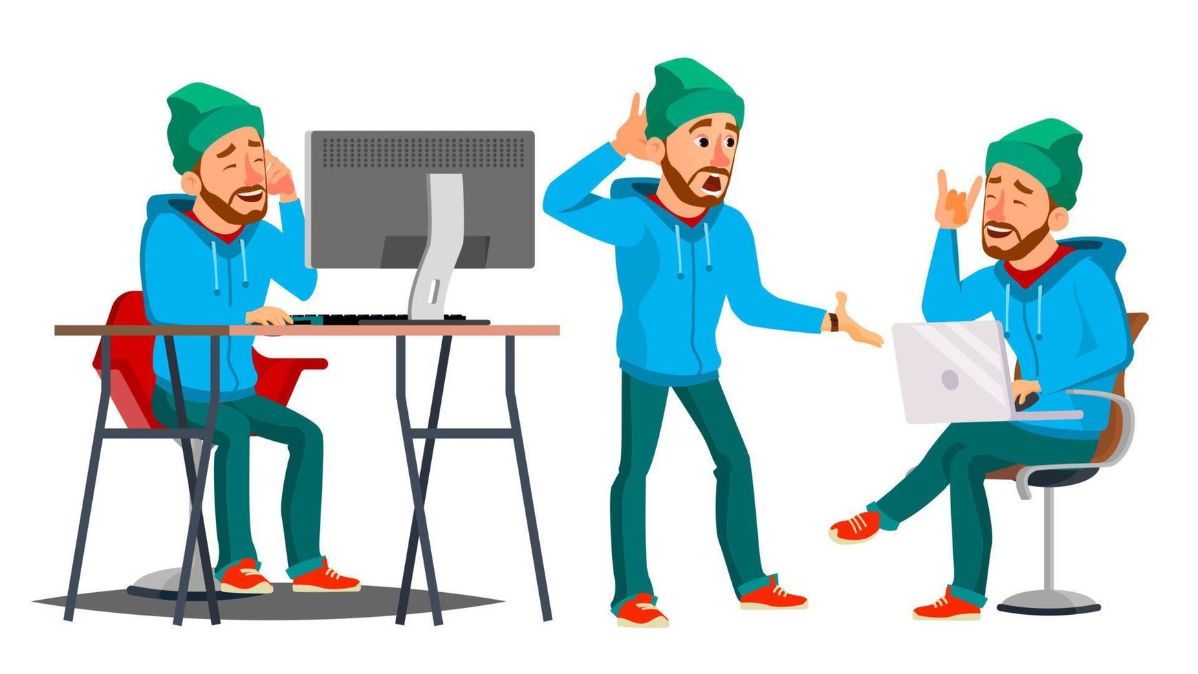 Business Man Character Vector. Working Man. Bearded. Environment Process Creative Studio. Male Worker. Full Length. Designer. Poses, Face Emotions, Gestures. Cartoon Business Illustration vector