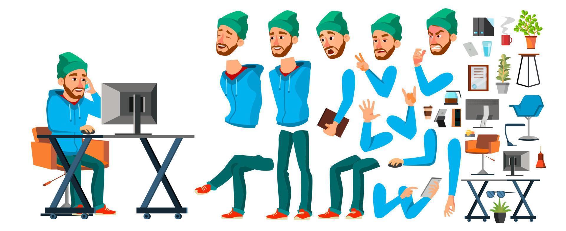 Business Man Worker Character Vector. Working Male Developer. Casual Clothes. Start Up, Office, Creative Studio. Animation Set. Bearded Salesman, Designer. Emotions, Expressions. Cartoon Illustration vector