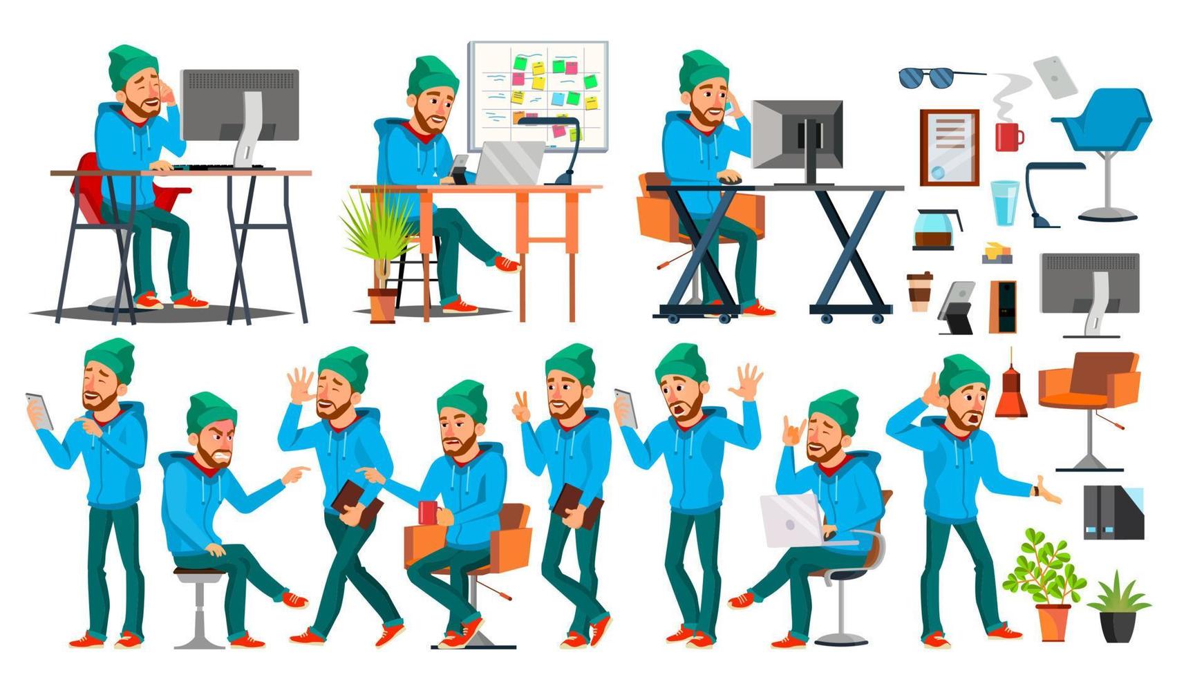 vector de caracteres de hombre de negocios. conjunto de personas trabajadoras. oficina, estudio creativo. barbado. trabajador, autónomo. longitud total. programador, diseñador, gerente. ilustración de personaje de negocios de dibujos animados