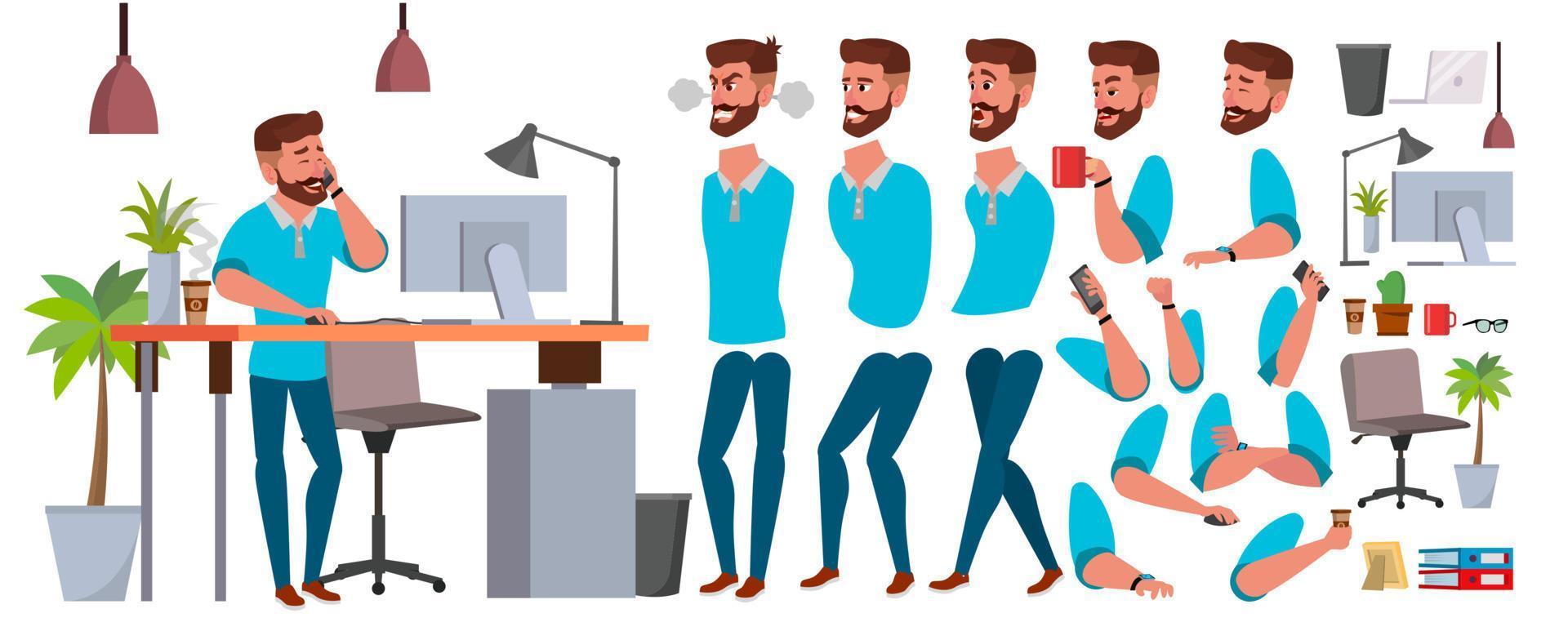 Business Man Character Vector. Working Male. Casual Clothes. Start Up, Office, Creative Studio. Animation Set. Bearded Salesman, Designer. Face Emotions, Expressions. Isolated Cartoon Illustration vector