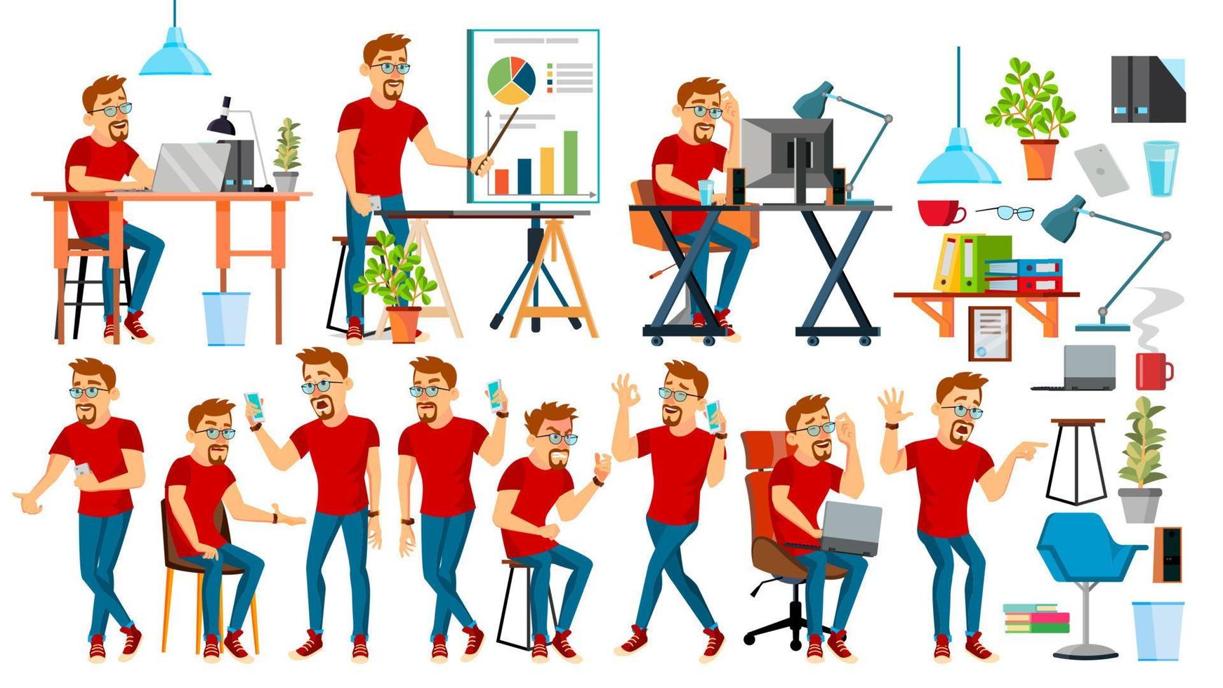 Business Man Character Vector. Working People Set. Office, Creative Studio. Bearded. Worker. Full Length. Programmer, Designer, Manager. Poses, Face Emotions. Cartoon Business Character Illustration vector