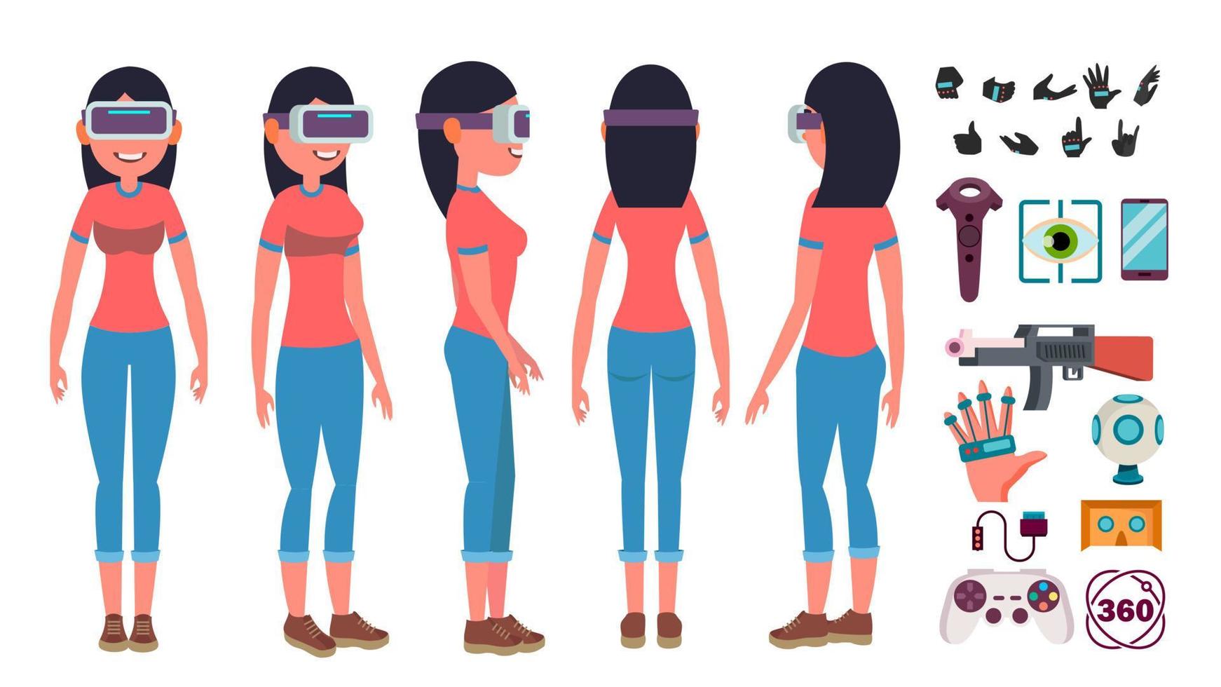 Woman In Virtual Reality Glasses Vector. Cyberspace Concept. 3D VR Glasses. Poses. Flat Illustration vector